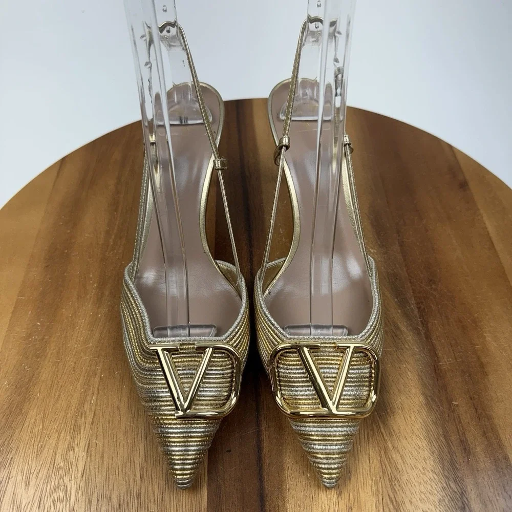 Womens Valentino Garavani VLOGO Gold Metallic Slingback Heels SZ 37.5 MSRP $1370
